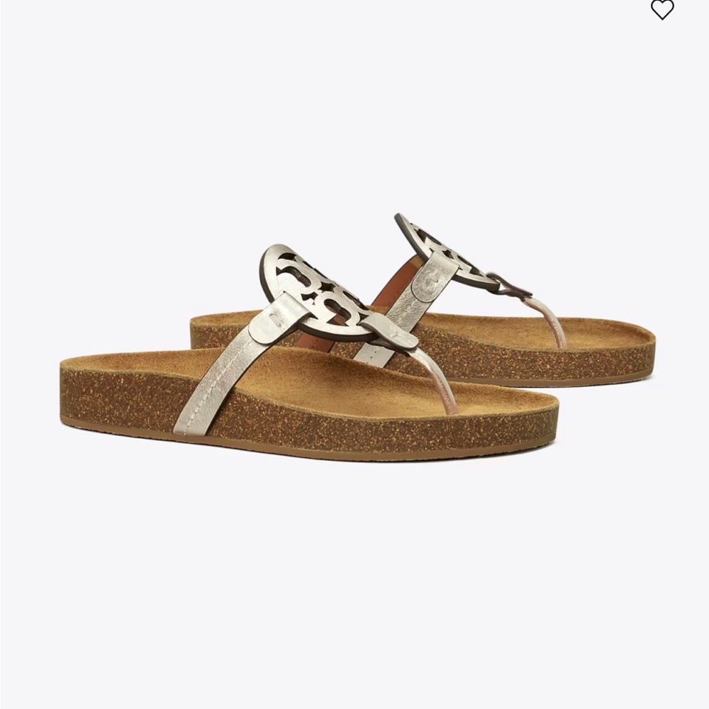 Tory Burch Metallic Gold Logo Thong Sandals with Cork Sole